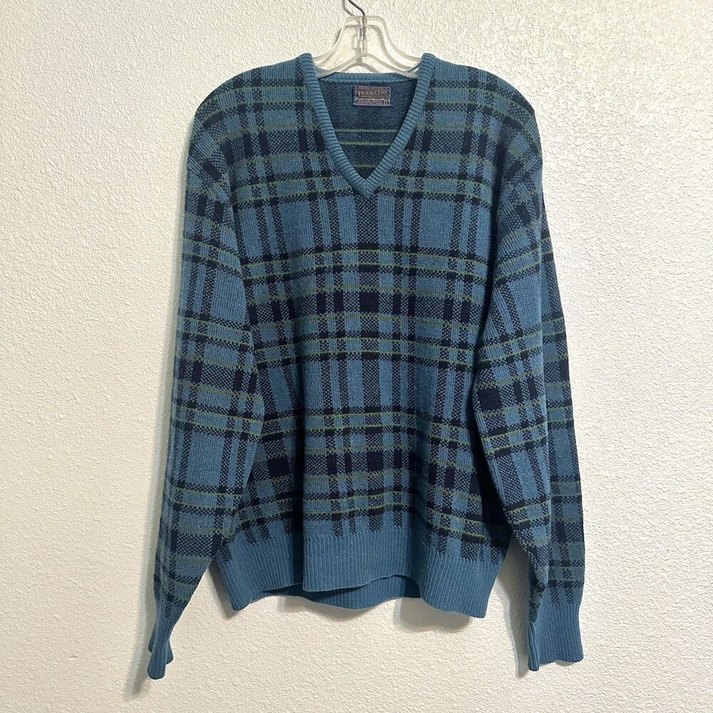 Pendleton Sweater Mens Size Large Wool V Neck Blue Green Plaid Pullover